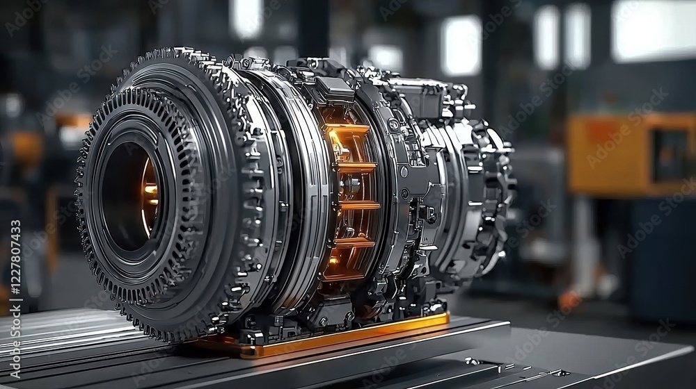 Poster high-tech mechanical turbocharger engine component displayed in industrial workshop setting