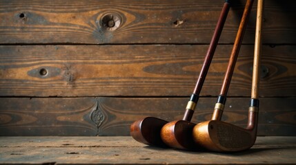 Three antique wooden golf clubs resting on a rustic wooden surface