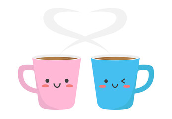 Pink and blue coffee mugs. Kawaii style. Isolated on white background. Vector illustration.	