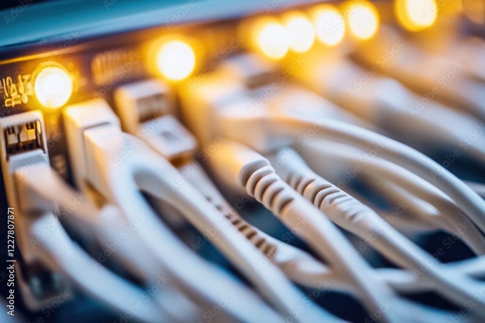 Poster close-up of illuminated network cables connected to router