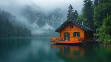Fototapeta premium Misty lake cabin, mountain backdrop, calm water, serenity