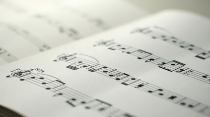 Close-up view of musical notation on a sheet of music paper, showcasing the intricate detail and precision of musical scores, capturing the essence of a composition's written form.