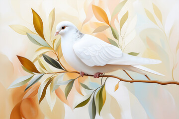 Serene white dove perches on tree branch