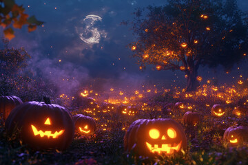 Mysterious Haunted House on a Foggy Halloween Night with Glowing Jack-o’-Lanterns, Flying Bats, and an Eerie Gothic Atmosphere