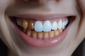Fototapeta premium Close-up of smiling person showcasing teeth color comparison