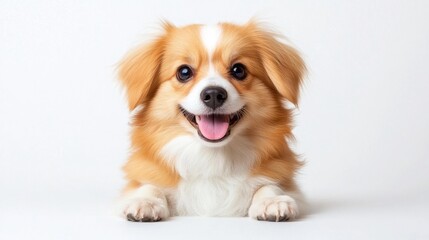 Fototapeta premium Adorable Smiling Papillon Dog Lying Down on White. Generative AI