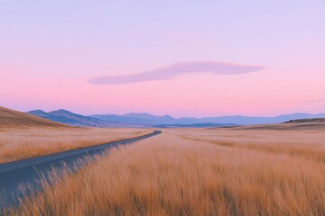 Obraz premium Serene Sunset Road Through Golden Grasslands And Mountains