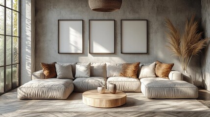 Modern Living Room Interior with Sectional Sofa and Empty Frames. Generative AI