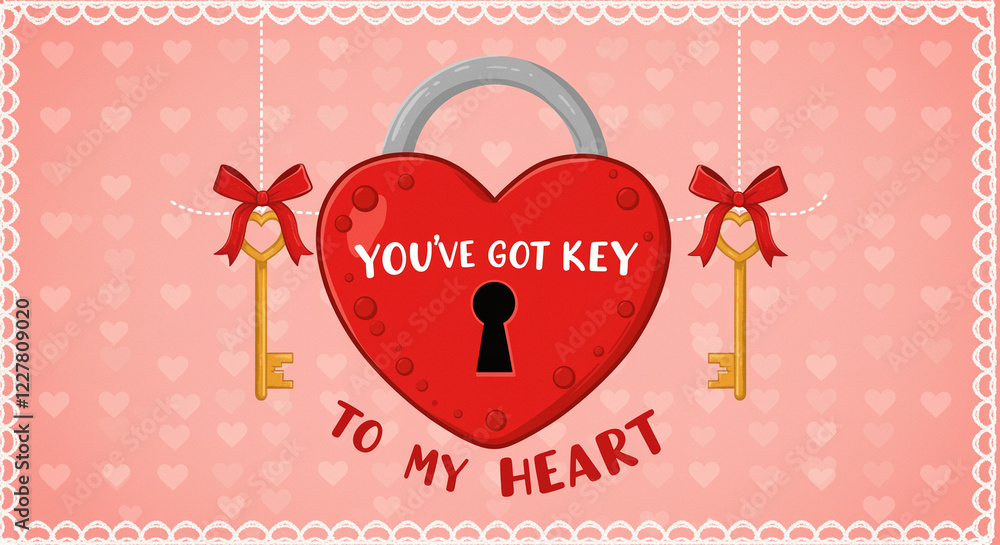 Poster heart padlock with keys and love message on valentine card. red heart padlock with keys and bow on a