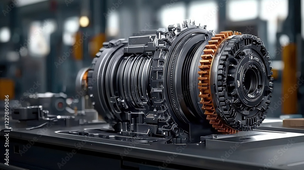 Poster intricate mechanical assembly of a gearbox showcasing precise engineering and modern industrial desi