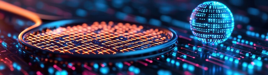 Obraz premium Intricate Digital Visualization Featuring Abstract Patterns and Glowing Spheres in a Futuristic Technology Scene