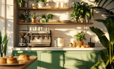 Inviting Modern Kitchen Bathed In Natural Light With Green Cabinets And Abundant Plants
