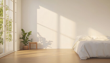 bright bedroom with minimalist decor and natural light streaming in