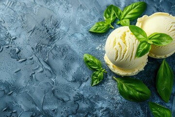 Obraz premium scoop of lemon basil ice cream with basil leaves, copy space for text