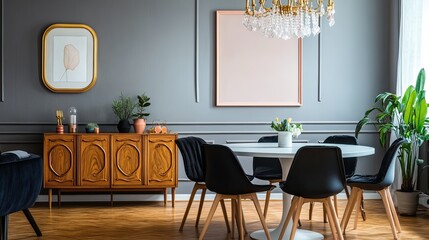 Elegant dining room interior, mid-century sideboard, grey walls, crystal chandelier, home decor