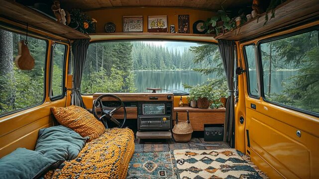Cozy vintage camper interior overlooking a serene lake surrounded by trees