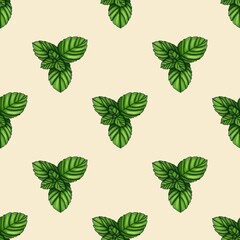 Obraz premium Seamless Pattern Nature Mint Small Design on Pastel Yellow Background