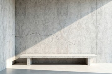 A minimalist concrete bench sits against a wall with subtle cracks, bathed in soft sunlight casting shadows