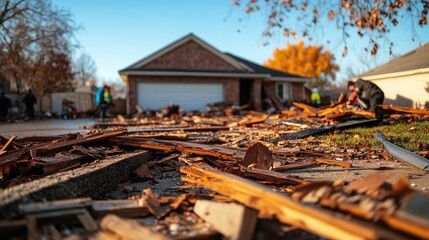 Construction Debris Pile Outside New Home Under Sunny Sky