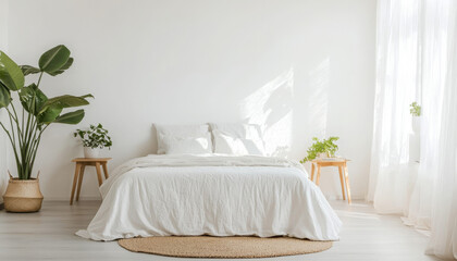 Spacious minimalist bedroom with white walls and natural light