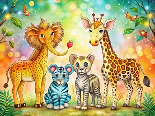 Fototapeta premium Cute Doodle Safari Animals: Hand-Drawn African Leopard, Giraffe, Elephant, Lion & Zebra Pattern for Fashion Prints