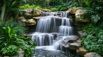 Naklejka premium Serene Waterfall in Lush Tropical Garden