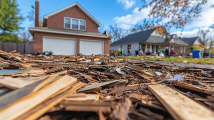 Construction Debris Pile Outside New Home Under Sunny Sky