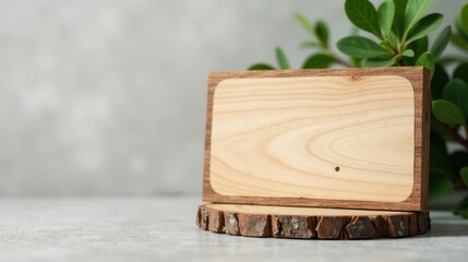 Fototapeta premium Blank Wooden Sign Resting on Rustic Wood Slice with Greenery