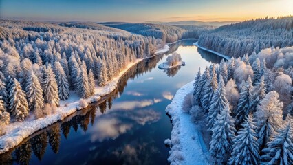 Aerial drone shot of snow-covered trees in a winter forest with a flowing river Gauja creating a mirror reflection,, natural beauty, serene landscape