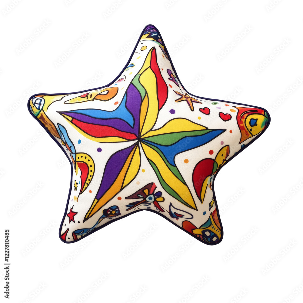 Poster A vibrant star-shaped pillow features a colorful abstract design with various shapes and lines, creating a playful and whimsical aesthetic.
