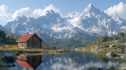 Fototapeta premium Mountain cabin lake reflection, autumn serenity