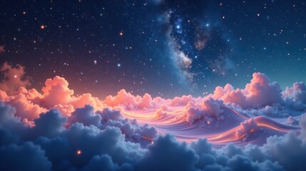 Celestial Landscape Glowing Trails Across a Dreamlike Cloud Sea Under a Starry Sky