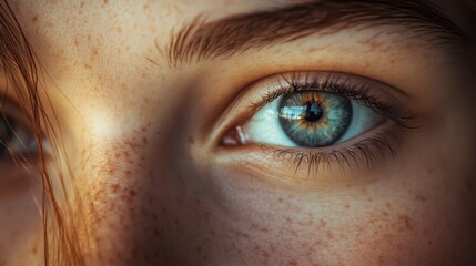 Fototapeta premium Close-Up of a Blue Eye with Freckles and Natural Light Highlights