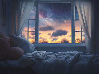 peaceful and cozy bedroom featuring a fluffy bed, warm blankets, and a window with a stunning view...