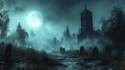 Haunted Churchyard under Full Moon. Generative AI