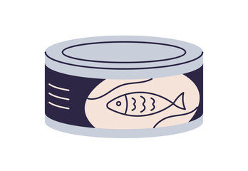 Canned fish in metal tin. Preserved conserved sea food in sealed container. Sardines tuna snack, seafood product in aluminum package. Flat graphic vector illustration isolated on white background