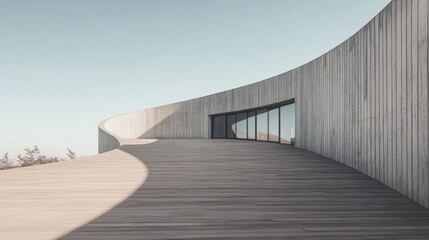 Obraz premium Modern curved concrete building with wooden deck, overlooking a clear sky.