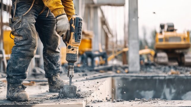 A construction worker operating a pneumatic drill to break concrete on a bridge repair site, with construction equipment and safety barriers in the background, Bridge repair scene