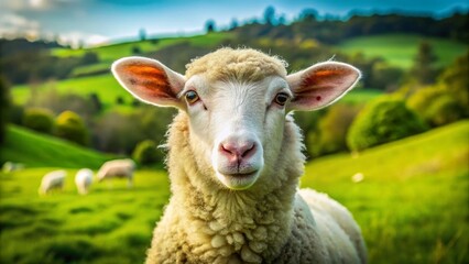 Fototapeta premium Cute New Zealand Sheep Portrait: Grazing Farm Animal Staring at Camera