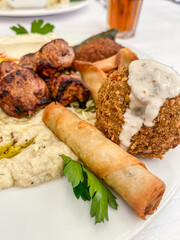 Mezze, mediterranean lebanese appetizer plate: Hummus, lamb meat balls, fried cheese, vegetable...