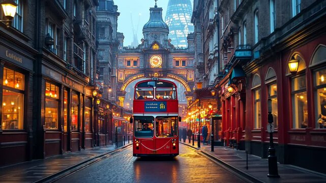Iconic red double-decker bus navigating through a historic London street at dusk, with illuminated shops and a grand archway in the background
