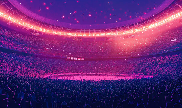 Spectacular sports event stadium digital art vibrant atmosphere wide angle view engaging experience