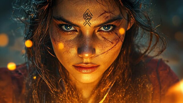 Intense portrait of a mystical warrior with intricate markings, surrounded by glowing embers