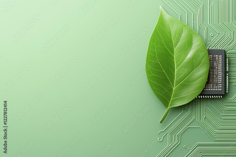 Aufkleber a minimal leaf shape seamlessly integrates with a digital microchip on a neutral green background, r