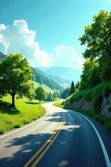 Fototapeta premium Asphalt ribbon unwinding through verdant hills under a vibrant sky, a picturesque journey awaits