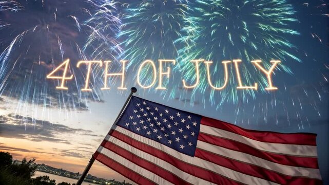 4th of July Celebration with Fireworks and Festive Lettering, Symbolizing Patriotism and National Pride.