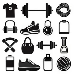 Black and White Fitness & Sports Icon Set: Featuring Dumbbells, Running Shoes, Yoga Mats, and Essential Sports Equipment