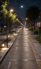 Obraz premium Solar-Powered Streetlights with Pedestrian Pathway, eco friendly streets, renewable energy, pedestrian pathway
