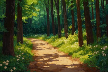 Fototapeta premium Lush Woodland Pathway Surrounded By Vibrant Greenery And Sunlight Filtering Through The Trees