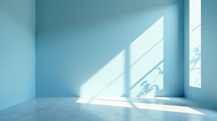 Fototapeta premium Serene Light Illuminates Empty Room with Soft Blue Walls and Subtle Plant Shadows